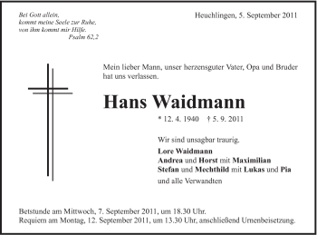 Traueranzeige von Hans Waidmann von Gmünder Tagespost