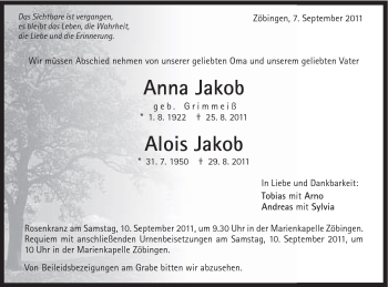 Traueranzeige von Anna Jakob von Schwäbische Post