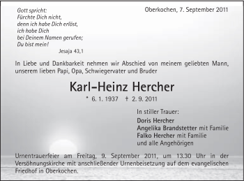 Traueranzeige von Karl-Heinz Hercher von Schwäbische Post