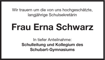 Traueranzeige von Erna Schwarz von Schwäbische Post
