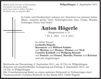 Traueranzeige von Anton Högerle von Gmünder Tagespost