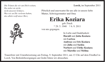 Traueranzeige von Erika Koziara von Gmünder Tagespost
