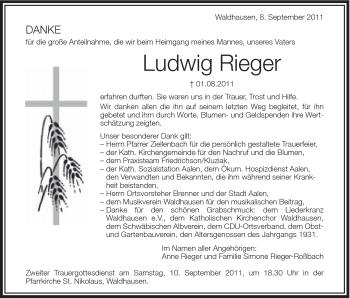 Traueranzeige von Ludwig Rieger von Schwäbische Post