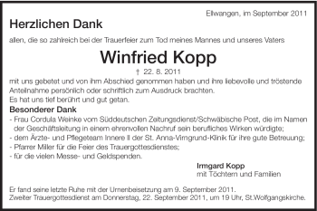 Traueranzeige von Winfried Kopp von Schwäbische Post