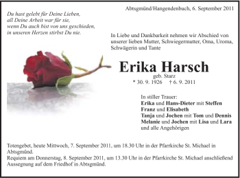 Traueranzeige von Erika Harsch von Schwäbische Post