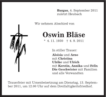 Traueranzeige von Oswin Bläse von Gmünder Tagespost