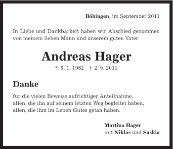 Traueranzeige von Andreas Hager von Gmünder Tagespost