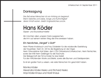 Traueranzeige von Hans Köder von Schwäbische Post