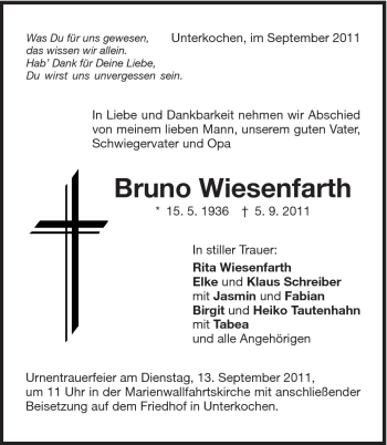 Traueranzeige von Bruno Wiesenfahrt von Schwäbische Post