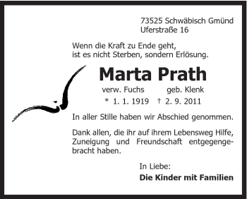 Traueranzeige von Marta Prath von Gmünder Tagespost