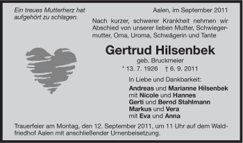 Traueranzeige von Gertrud Hilsenbek von Schwäbische Post