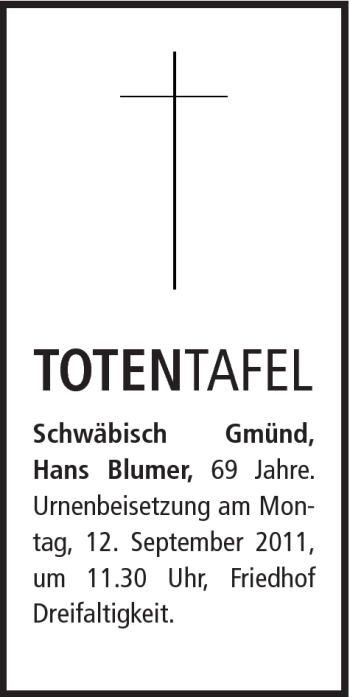 Traueranzeige von Hans Blumer von Gmünder Tagespost