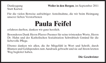 Traueranzeige von Paula Feifel von Gmünder Tagespost