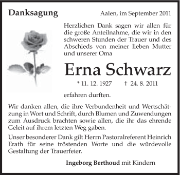 Traueranzeige von Erna Schwarz von Schwäbische Post