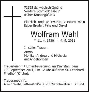 Traueranzeige von Wolfram Wahl von Gmünder Tagespost