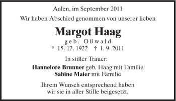 Traueranzeige von Margot Haag von Schwäbische Post