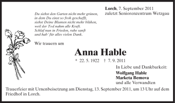 Traueranzeige von Anna Hable von Gmünder Tagespost
