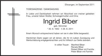 Traueranzeige von Ingrid Biber von Schwäbische Post