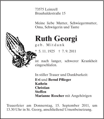 Traueranzeige von Ruth Georgi von Gmünder Tagespost