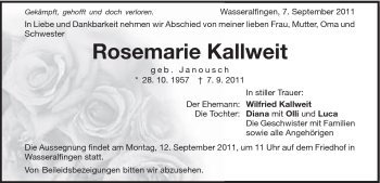 Traueranzeige von Rosemarie Kallweit von Schwäbische Post