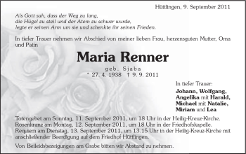Traueranzeige von Johann Renner von Schwäbische Post