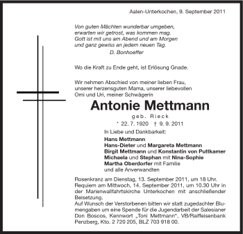 Traueranzeige von Antonie Mettmann von Schwäbische Post