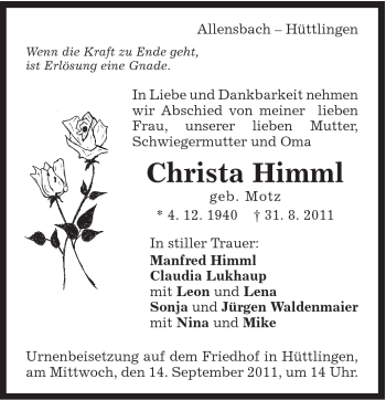 Traueranzeige von Christa Himml von Schwäbische Post