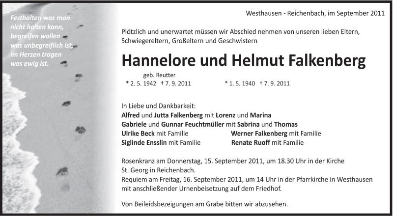  Traueranzeige für Hannelore und Helmut Falkenberg vom 12.09.2011 aus Schwäbische Post