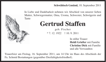 Traueranzeige von Gertrud Staffen von Gmünder Tagespost
