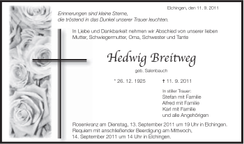 Traueranzeige von Hedwig Breitweg von Schwäbische Post