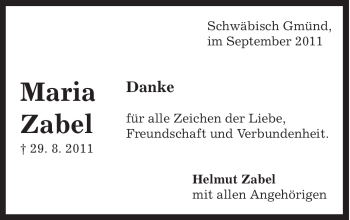 Traueranzeige von Maria Zabel von Gmünder Tagespost