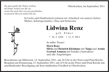 Traueranzeige von Lidwina Renz von Schwäbische Post