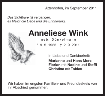Traueranzeige von Anneliese Wink von Schwäbische Post