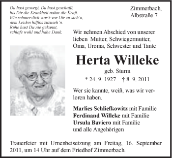 Traueranzeige von Willeke Herta von Gmünder Tagespost