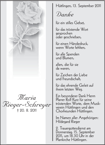 Traueranzeige von Maria Rieger-Schreyer von Schwäbische Post