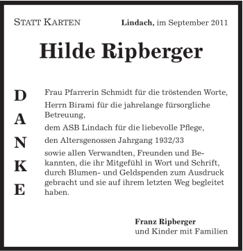 Traueranzeige von Hilde Ripberger von Gmünder Tagespost