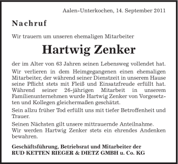 Traueranzeige von Hartwig Zenker von Schwäbische Post