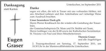 Traueranzeige von Eugen Graser von Schwäbische Post