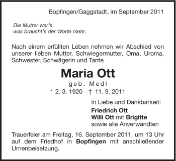 Traueranzeige von Maria Ott von Schwäbische Post