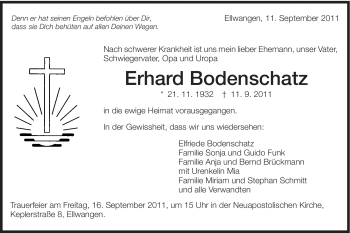 Traueranzeige von Erhard Bodenschatz von Schwäbische Post