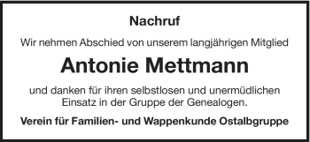 Traueranzeige von Antonie Mettmann von Schwäbische Post