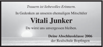Traueranzeige von Vitali Junker von Schwäbische Post