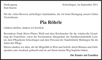 Traueranzeige von Pia Röhrle von Gmünder Tagespost