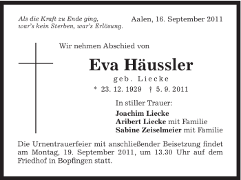 Traueranzeige von Eva Häussler von Schwäbische Post
