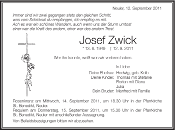 Traueranzeige von Josef Zwick von Schwäbische Post