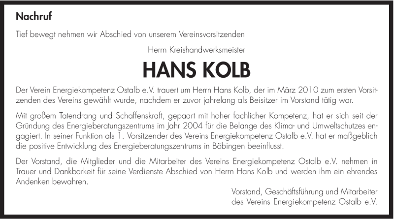 Traueranzeige für Hans Kolb vom 14.09.2011 aus Gmünder Tagespost