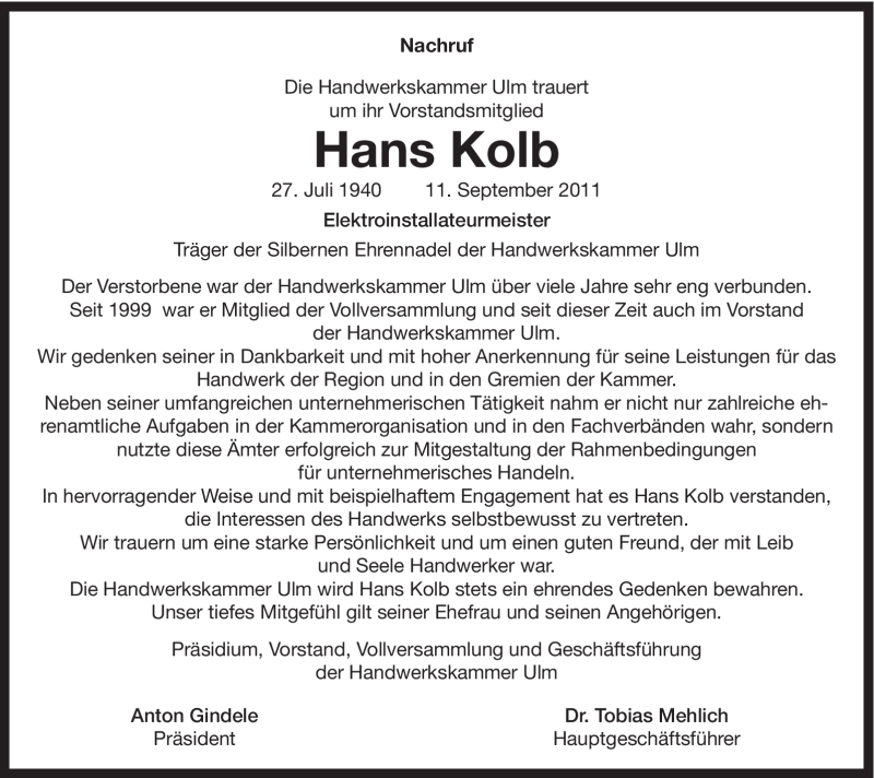  Traueranzeige für Hans Kolb vom 14.09.2011 aus Schwäbische Post