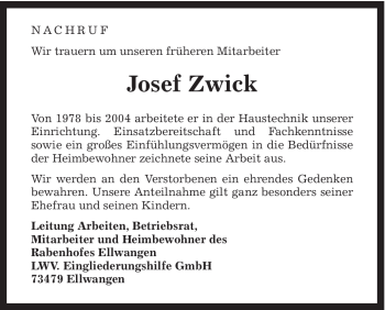 Traueranzeige von Josef Zwick von Schwäbische Post