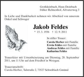 Traueranzeige von Jakob Feldes von Gmünder Tagespost