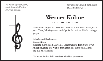 Traueranzeige von Werner Kühne von Gmünder Tagespost